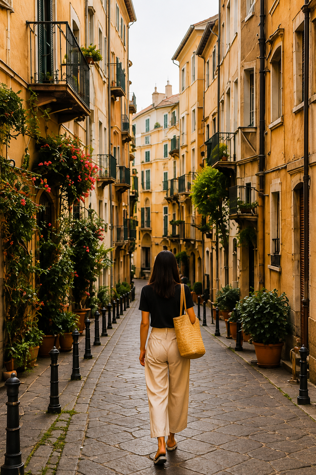 Woman walking down a narrow plant-lined Italian alley