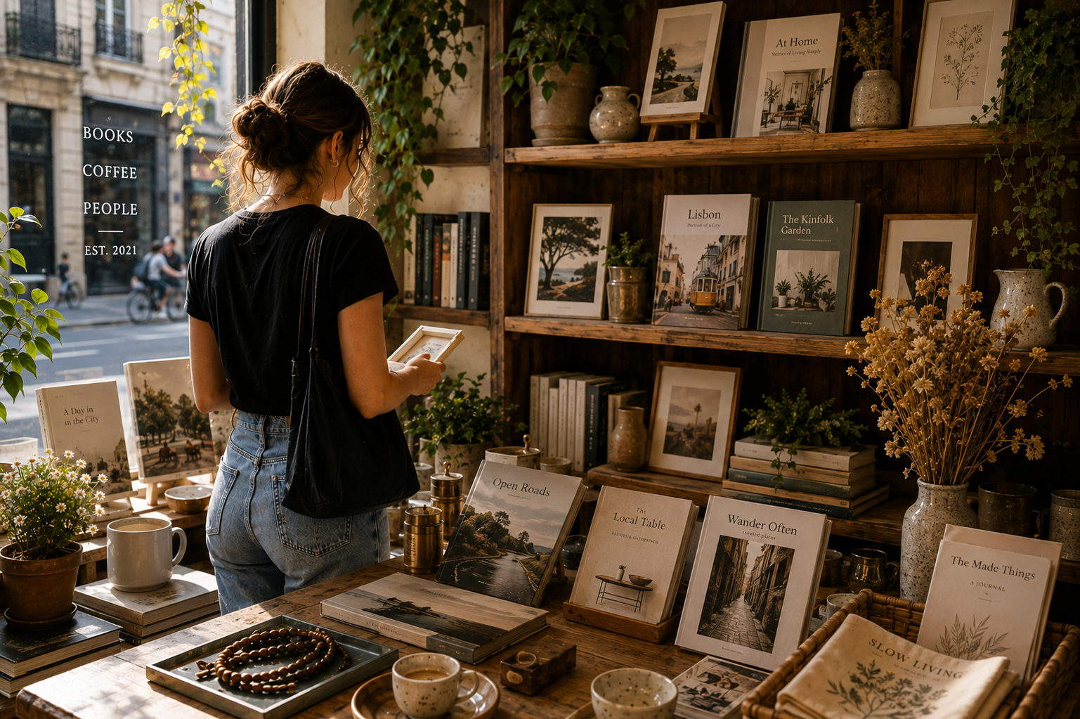 A woman browsing shelves in a sunlit bookshop